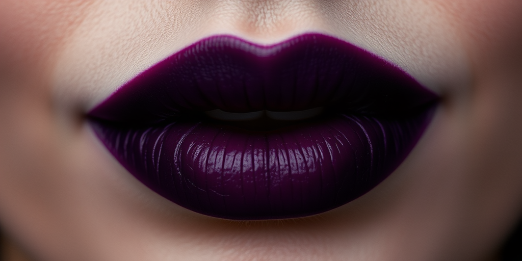 Mysterious "Smoky Plum" lips showcasing a deep purple-gray color with a velvet finish, creating an air of intrigue and sophistication