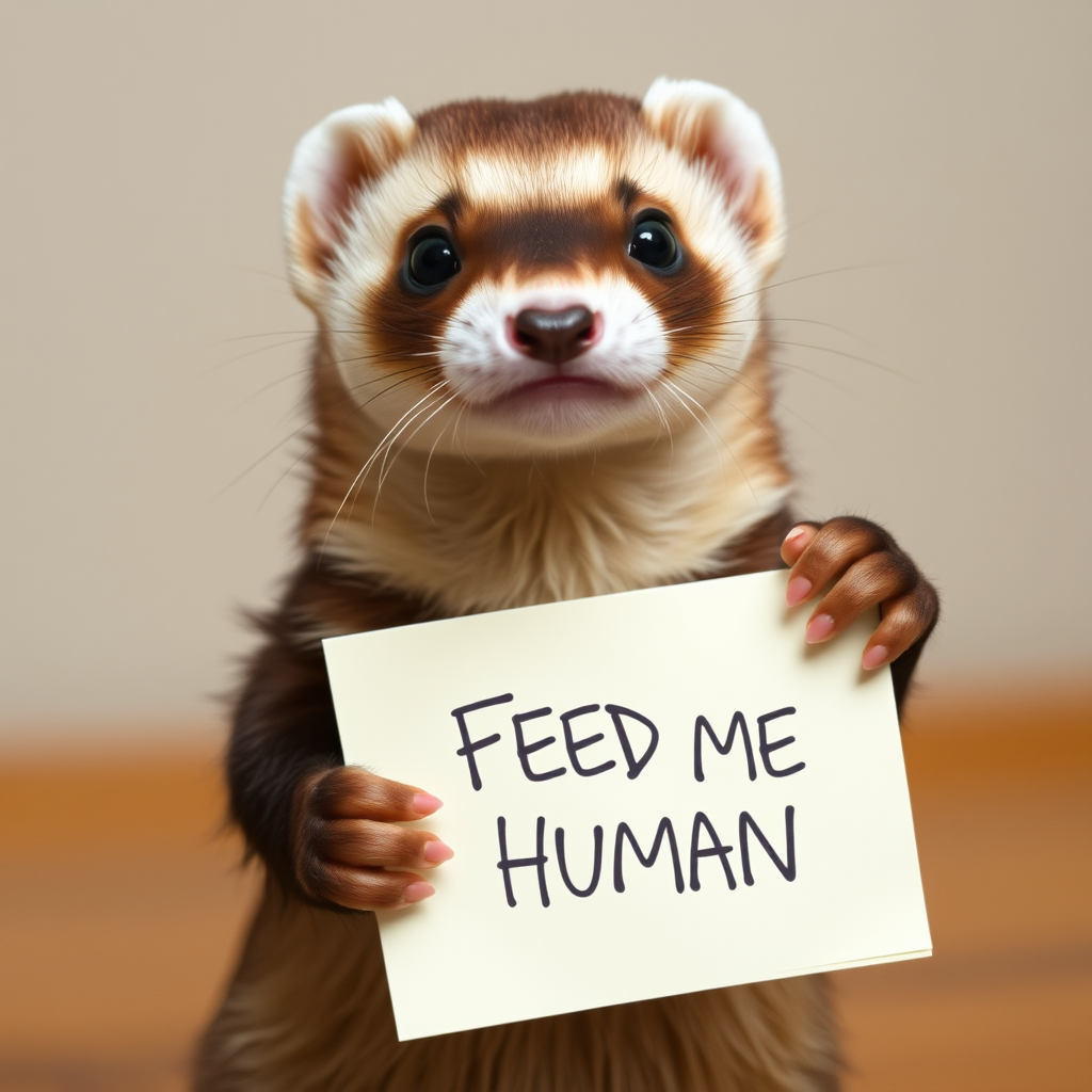 Ferret holding a note which says "FEED ME HUMAN"