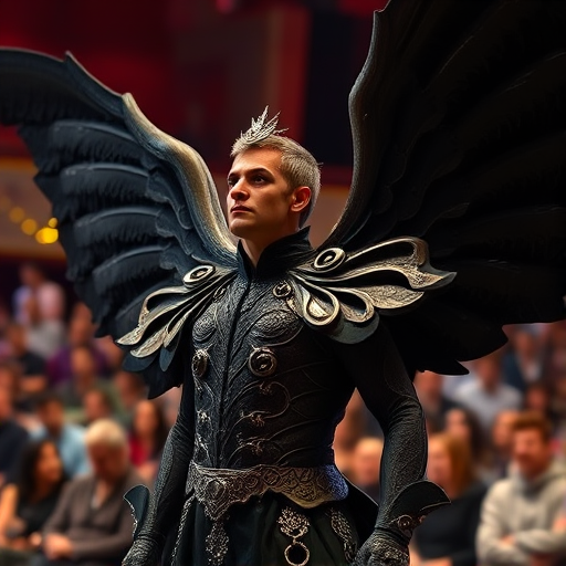exterior shot of a performer in a dramatic costume with large black wings, captured with a DSLR camera, ISO 800, aperture f/4, shutter speed 1/250s, using a mid-range zoom lens, in a vibrant theater setting with an audience in the background, focusing on the intricate details of the costume and expression.