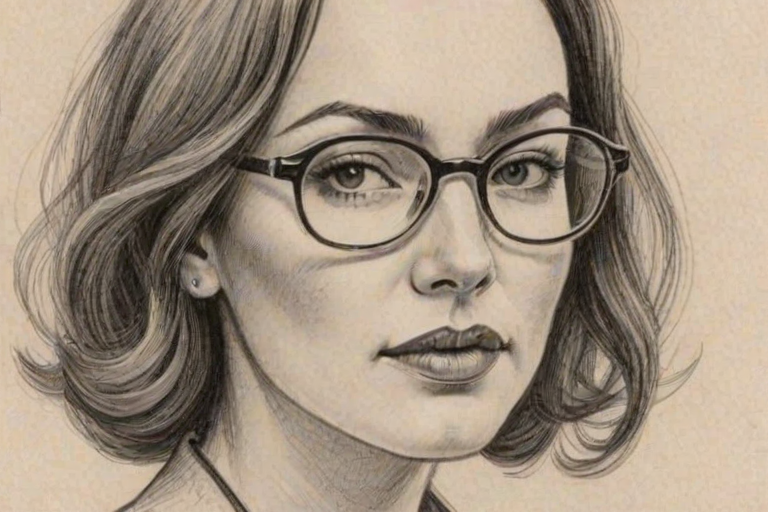 Elegant Courtney Ford, pencil sketch, portrait of Bewitching woman 1933s in glasses, hair style beatnik, outline, clear lines, fine lines, 8k