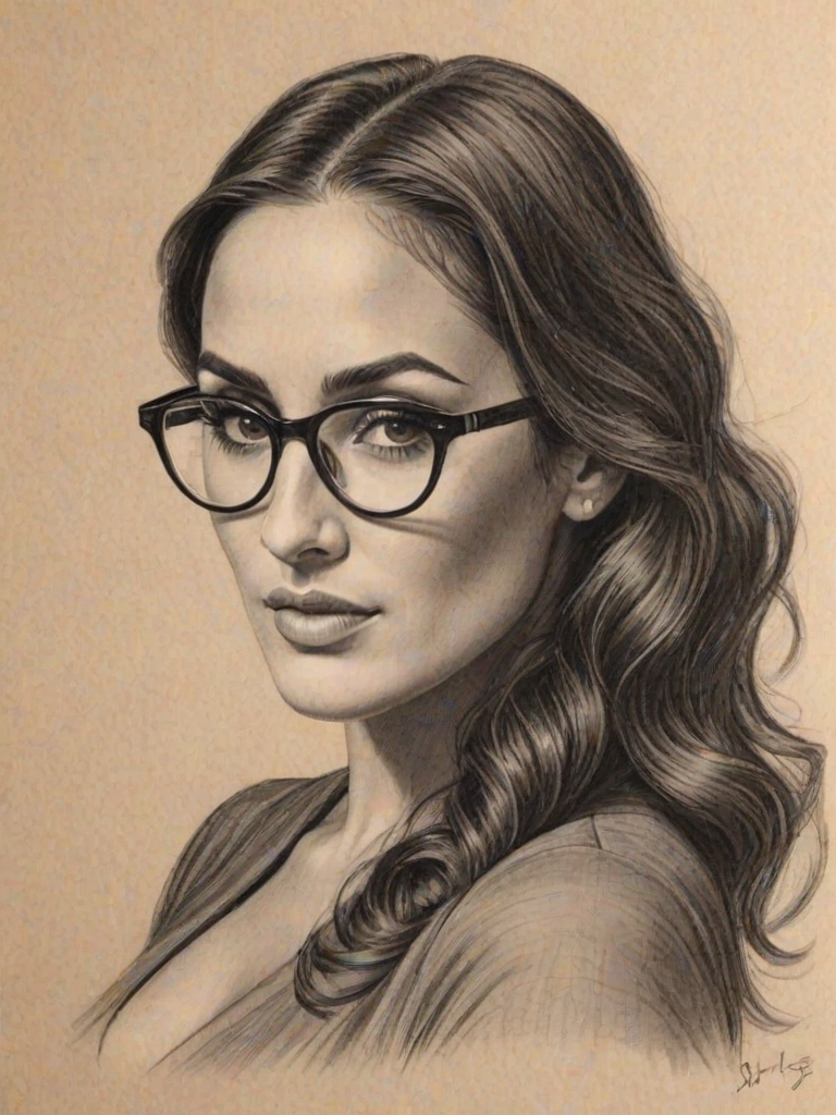 Bewitching Nikki Bella, pencil sketch, portrait of Stunning woman 1930s in glasses, hair style beatnik, outline, clear lines, fine lines, 8k