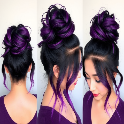 Jet black to deep violet ombre styled in a high messy bun, named "Midnight Orchid" look, showcasing loose tendrils and a deliberately undone appearance