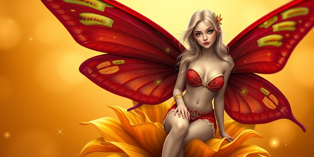 A digital artwork features a winged fairy with delicate Burgundy butterfly wings, adorned with intricate Kiwi andAvocado patterns. She is seated on a vibrant Tan flower, wearing a revealing red two-piece outfit with sparkling beadwork. Her fair skin, long blonde hair, and gold jewelry add to her ethereal appearance. The background is a warm, golden gradient, creating a magical atmosphere. Small glowing orbs and sparkles surround the flower, enhancing the enchanting, highly detailed, and realistic scene.