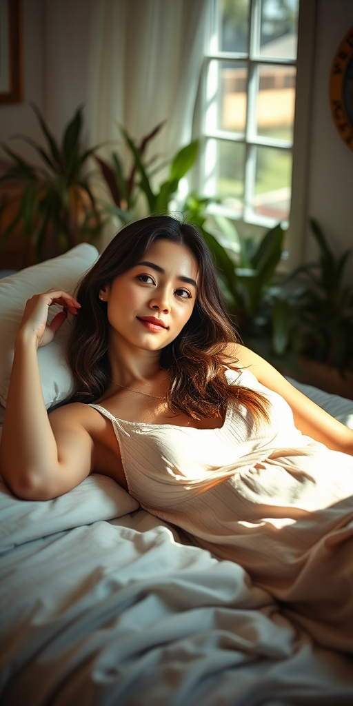 Regenerate an image of a woman reclining on a bed with soft natural light illuminating her face, wearing a delicate dress, in a cozy room with plants in the background, captured with a Canon EOS R5, 50mm lens, f/1.8 aperture, ISO 200, 1/125 sec shutter speed, shot in a portrait style to enhance depth and focus on the subject.