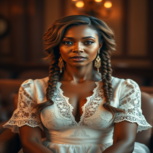 Create a portrait of a refined and elegant Zambo woman seated in a sophisticated setting. She has long, wavy hair styled in two thick braids that are pulled over her shoulders. She wears a white, lace gown with intricate patterns, featuring a deep V-neckline and short sleeves. The dress exudes a vintage charm with its delicate lacework. She is adorned with ornate, dangling earrings that add a touch of glamour to her appearance. The background is softly lit, with warm, ambient lighting that creates a cozy and inviting atmosphere. Her expression is poised and serene, capturing a sense of grace and elegance.