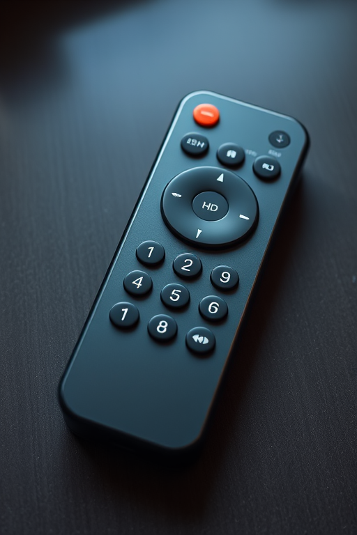 Create a high-resolution image of a remote control with a sleek design, captured in a top-down view at 50mm focal length, aperture set to f/2.8 for shallow depth of field, using a DSLR camera with natural lighting to enhance colors and details.