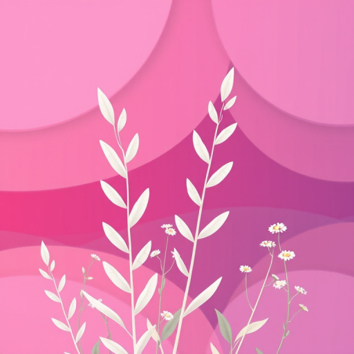 Create a digital illustration of stylized plants with elongated white leaves and small white flowers against a layered gradient background of pink and purple hues, use a 50mm lens, f/2.8 aperture, ISO 100, and a soft-focus technique for a dreamy effect.
