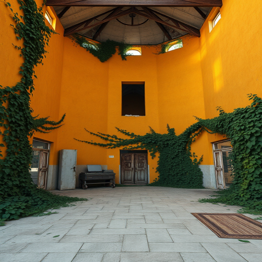 Create a highly detailed 3D render of an abandoned building with textured yellow walls covered in ivy, using a DSLR camera at f/8 aperture, 35mm lens, ISO 100, and natural light from a sunset, in a wide-angle view to capture the entire structure prominently.