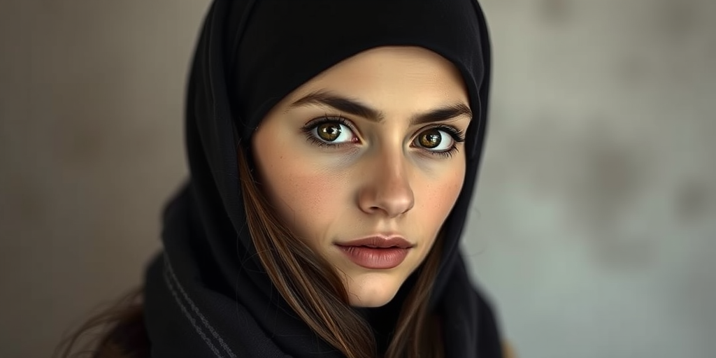 Create a portrait of a young Mizrahi woman with long, dark hair and captivating hazel eyes. She is wearing a black headscarf and a matching scarf draped gracefully around her neck. The background is softly blurred, focusing attention on her serene and natural expression. The overall color palette is muted and warm, enhancing the intimate and authentic feel of the portrait.
