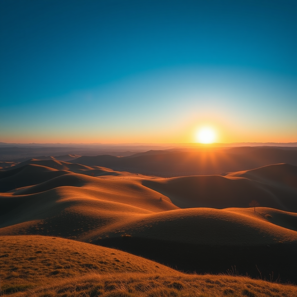 Create a high-resolution image of a serene landscape with rolling hills under a clear blue sky during golden hour, using a Canon EOS R5, 24mm lens, aperture f/8, ISO 100, shutter speed 1/200s, in landscape orientation.