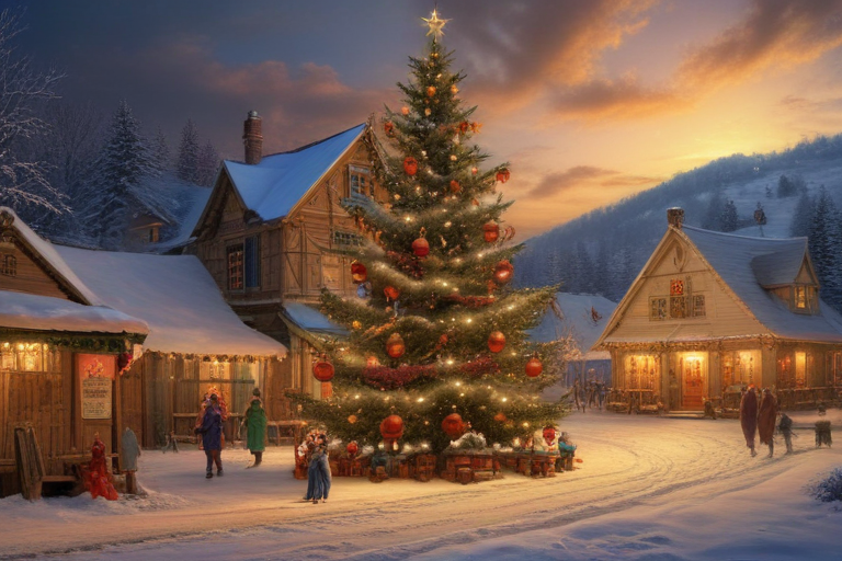 A Cozy Winter Evening Scene with a Beautifully Decorated Christmas Tree