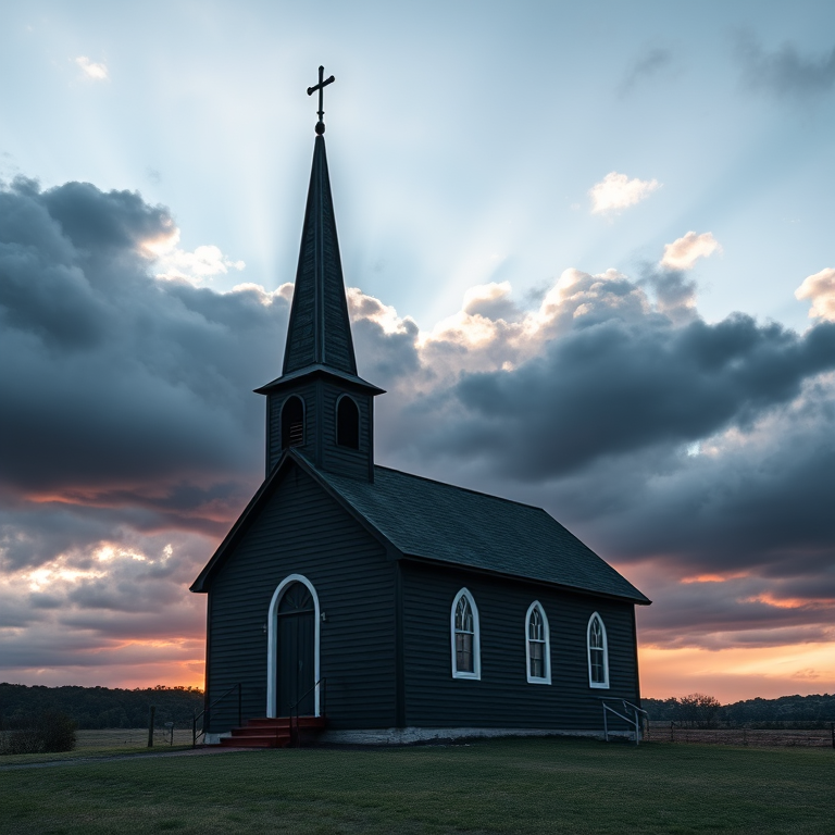 Capture a high-resolution image of a small black church with a steeple against a dramatic sky, using a DSLR camera, 50mm lens, ISO 100, f/8 aperture, and a shutter speed of 1/200 sec, in soft natural light during golden hour to enhance shadows and highlights.