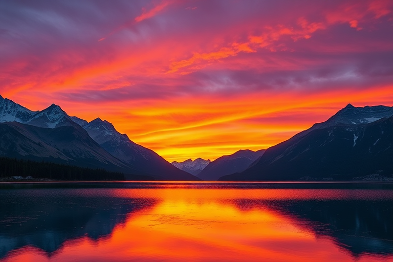 Create a high-resolution image of a majestic mountain landscape at sunset, with vibrant orange and purple skies reflecting on a calm lake, using a Canon EOS 5D Mark IV with a 24-70mm lens, aperture f/8, ISO 100, and a focal length of 35mm, in landscape orientation.