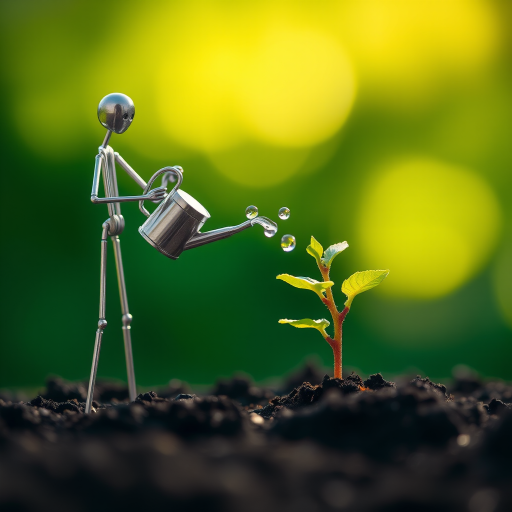 A metal figurine of a person, constructed from thin, silver rods, stands on the left side of the image, facing the viewer. The figurine is holding a small watering can and pouring water onto a young plant, with a few droplets in the air. The plant, with lush green leaves, is situated in the center, growing from dark soil. The background is a soft, out-of-focus blur of green, illuminated by warm, natural light.  The composition creates a sense of depth and intimacy. The image evokes feelings of growth, nurture, and hope.