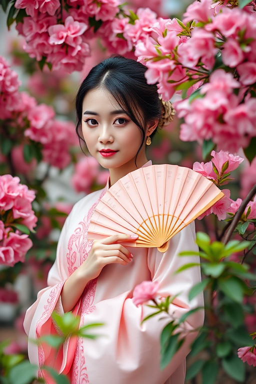 Generate a high-resolution image of a graceful woman holding a fan among vibrant pink flowers in a traditional Asian style, using a DSLR camera, with a 50mm lens, aperture set to f/2.8, ISO 100, and a soft focus effect to enhance the artistic quality.