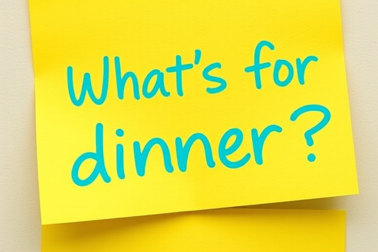 Yellow post-it note, hand written in cyan pen text "What's for dinner??", 3d, hd, hyper realistic,