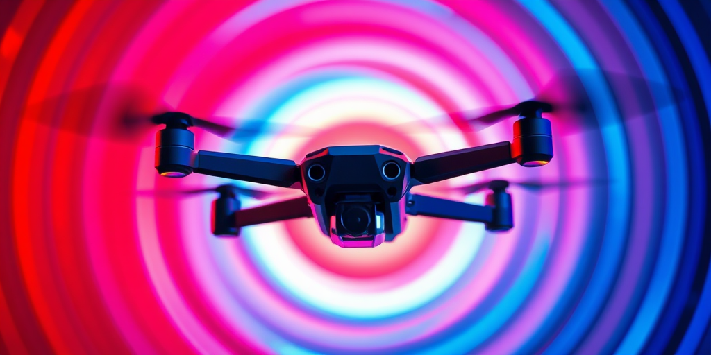 regenerate the image of a futuristic drone in a vibrant red and blue circular abstract background, capturing dynamic movement with a high-speed shutter of 1/1000s, aperture f/4 for depth of field, ISO 200, using a wide-angle lens and a drone or digital camera to emphasize the sleek design and lighting effects
