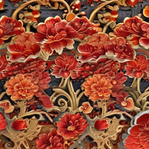 Intricate Floral Design Featuring Vibrant Red and Golden Blossoms on a ...