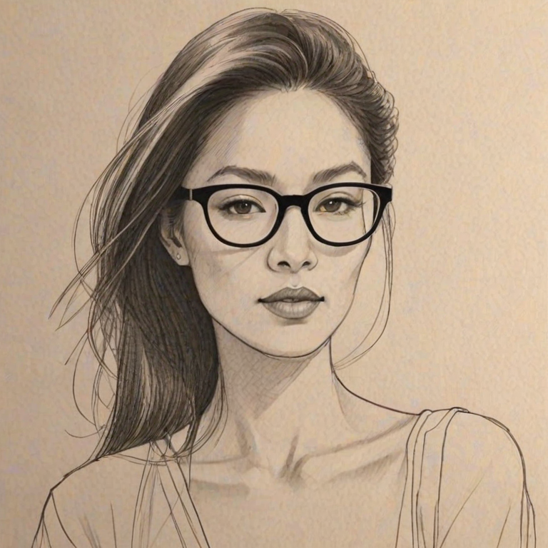 Wonderful Vera Wang, pencil sketch, portrait of Enticing woman 1978s in glasses, hair style beatnik, outline, clear lines, fine lines, 8k