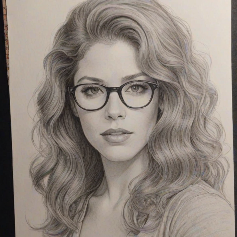 Wonderful Rachelle Lefevre, pencil sketch, portrait of Beauteous woman 1965s in glasses, hair style beatnik, outline, clear lines, fine lines, 8k