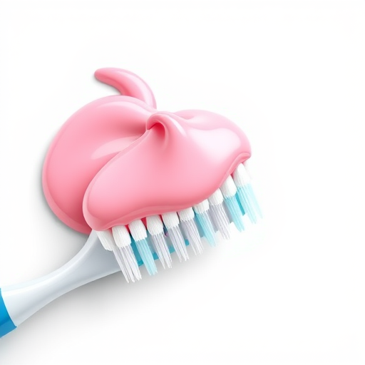 Create a detailed digital illustration of a toothbrush with a pink toothpaste on top, using a 50mm lens, f/2.8 aperture, ISO 100, top-down view, and high-resolution rendering for clarity and vibrancy.