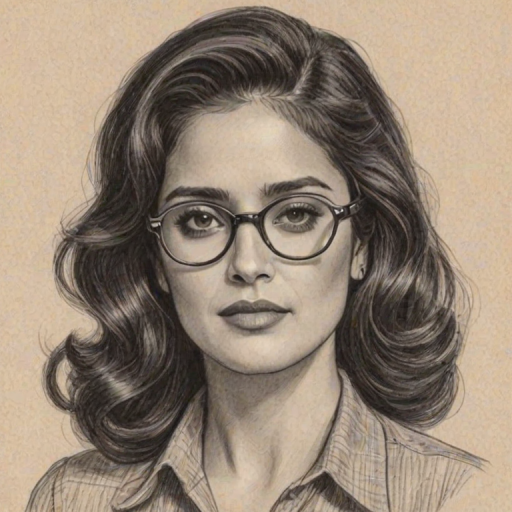 Sublime Salma Hayek, pencil sketch, portrait of Charming woman 1940s in glasses, hair style beatnik, outline, clear lines, fine lines, 8k