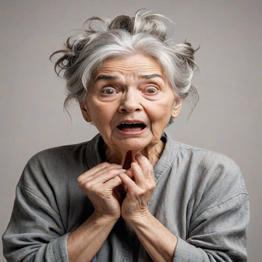 scribbly unfinished sketch, old lady with messy gray hair in a loose bun, surprised expression, mouth open, hands clasped together in front of her chest. Her eyes are wide, eyebrows are furrowed. vibe of shock or surprise.