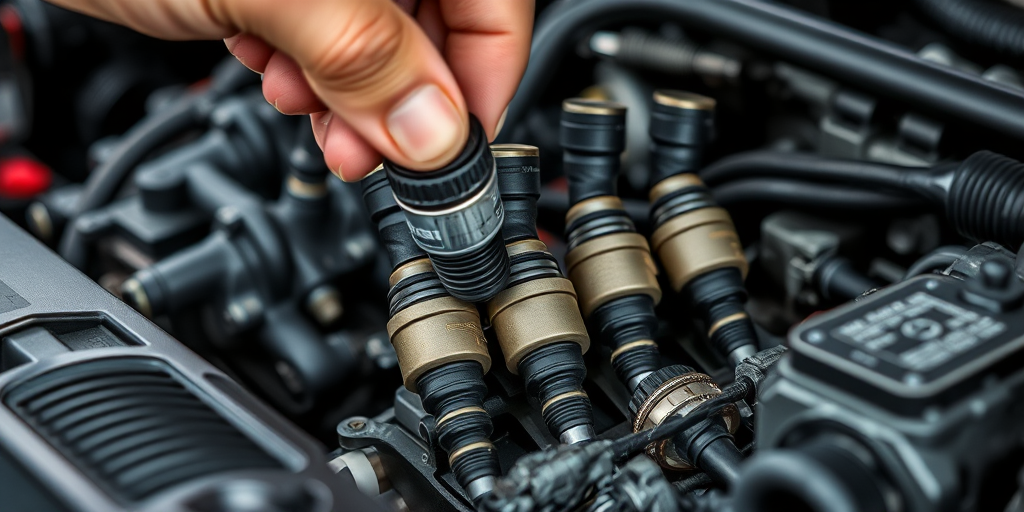 high-quality close-up of a hand installing fuel injectors in a car engine, focus on intricate details of the injectors and engine components, ISO 100, f/4 aperture, 1/60s shutter speed, macro lens, natural lighting.