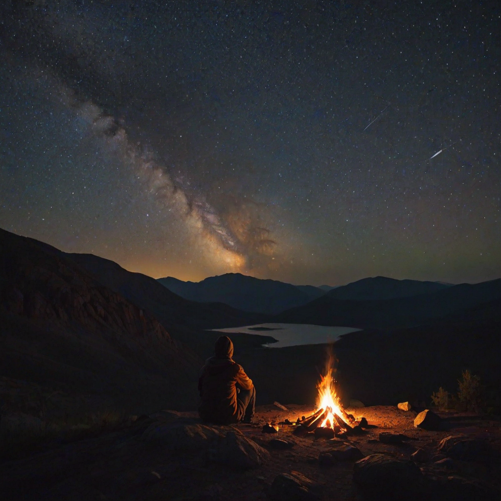 Dramatic night sky filled with stars, a lone figure sitting by a campfire in a remote location, the glow of the fire illuminating their face, creating a sense of adventure and solitude.