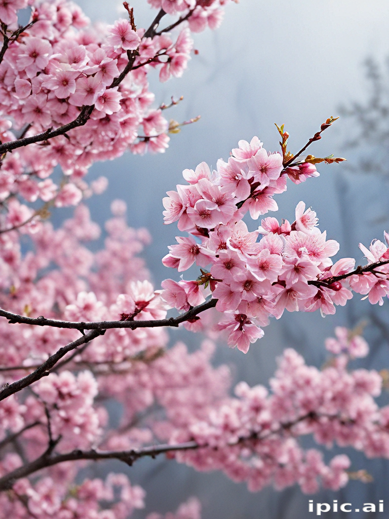 Delicate Cherry Blossom Branches Adorned with Soft Pink Flowers in Spring
