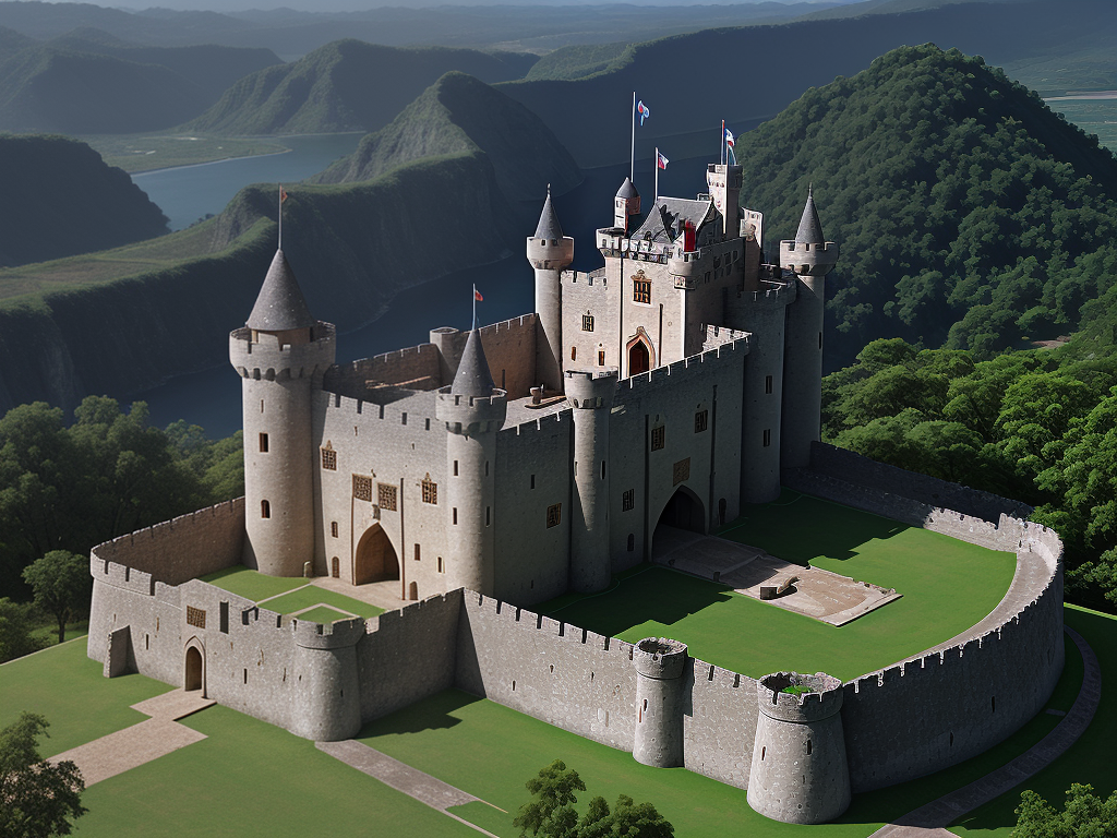 A Majestic Medieval Castle Surrounded by Lush Green Hills and Water