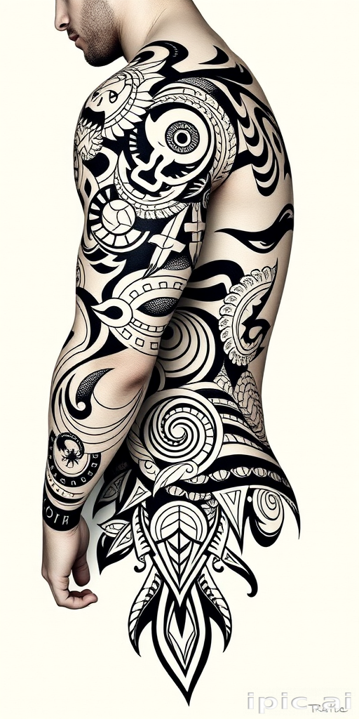 Fierce neo-polynesian tribal tattoo with bold black lines and intricate patterns, incorporating traditional symbols and modern elements, flowing from shoulder to hip in a powerful display