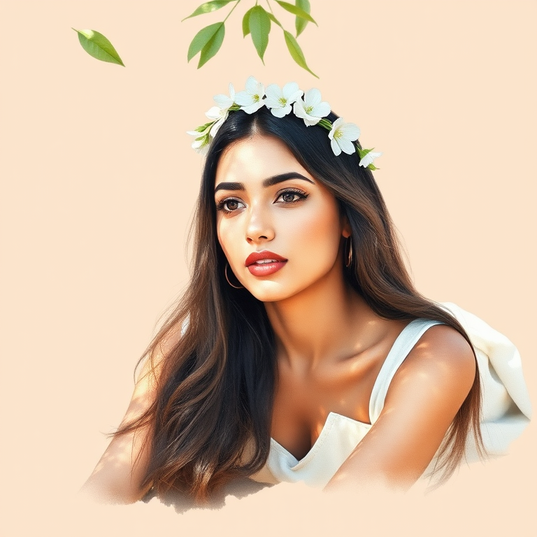 create a watercolor painting of an ethereal portrait of beautiful Pakistani woman with a simple white flower crown on her head. Her hair is long and she is lying on the ground. The sunlight on the trees casts shadows from the leaves on her face and body. The background is a neutral brown color that matches her skin tone. The image is minimalist and solid colors. This style is characterized by soft, delicate brushstrokes and a light, airy, contrasting color palette. High level of detail and play of light