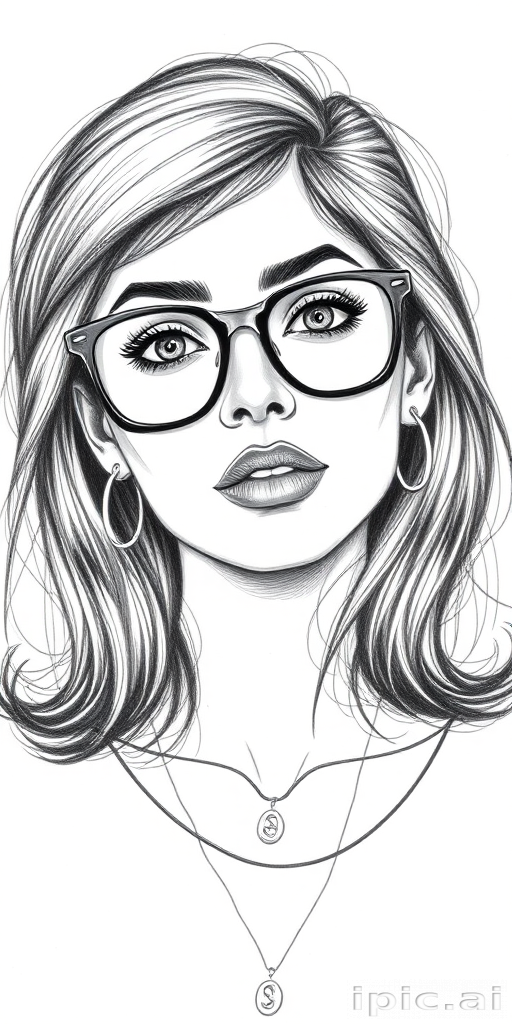 hot mia khalifa, pencil sketch, portrait of beautiful woman 60s in glasses, hair style beatnik, outline, clear lines, fine lines, 8k
