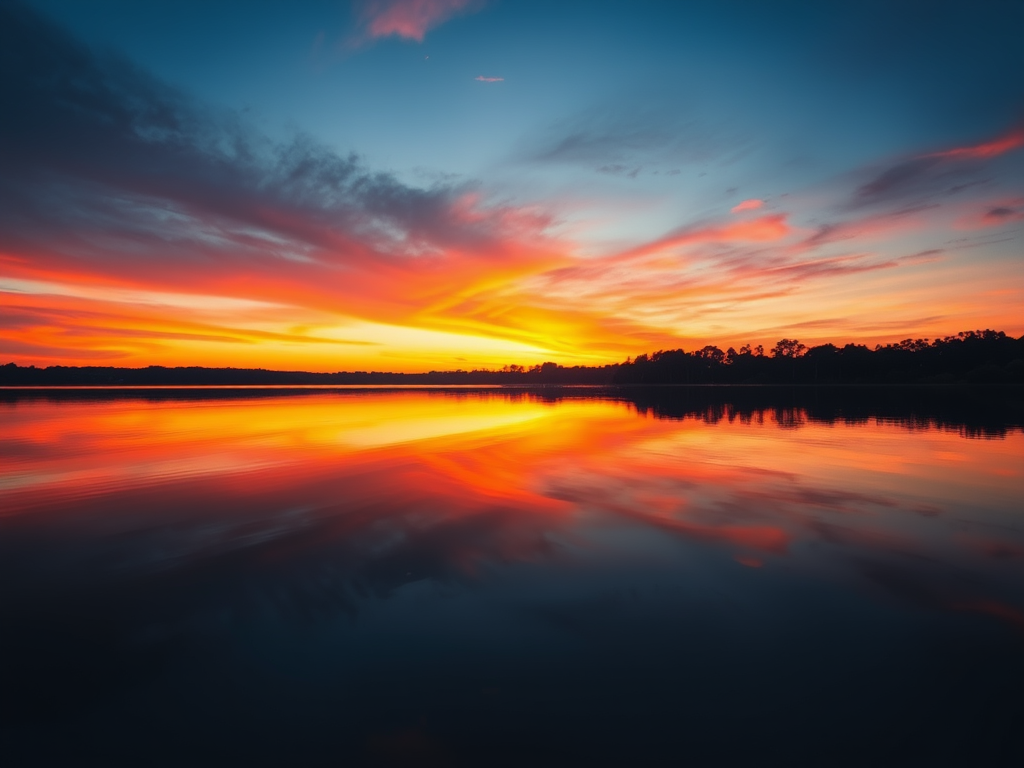 Generate a high-resolution image of a tranquil sunset over a calm lake with vibrant colors, using a Canon EOS R5, f/8 aperture, ISO 100, 1/200 shutter speed, captured from a low angle perspective to emphasize reflections on the water, in a landscape photography style.
