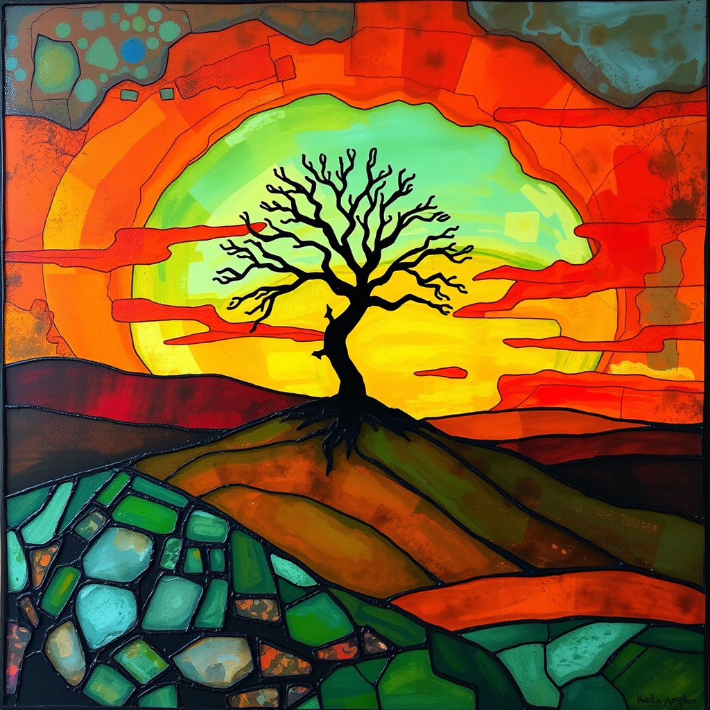 A vibrant abstract painting on Tiffany Glass, blending acrylic and alcohol ink techniques, captures a dramatic sunset over rolling hills. The artwork features a textured, rocky foreground in green and brown, layered abstract hills, and a striking sunset in rich oranges, yellows, and reds. A solitary black tree with intricate branches contrasts against the fiery sky, creating a dynamic and expressive portrayal of a breathtaking natural scene.