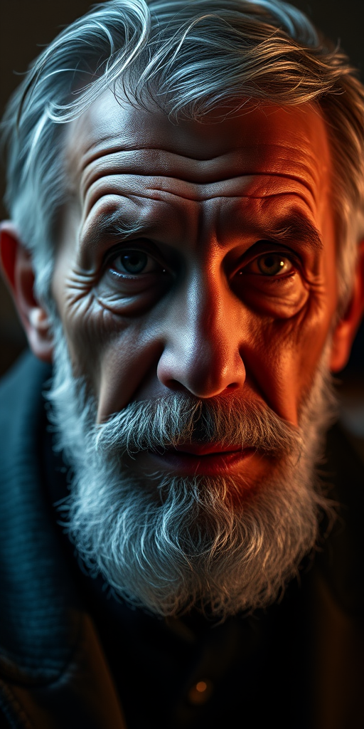 portrait of an older man with grey hair and beard, soft lighting, shallow depth of field, Canon EOS R5, 85mm lens, f/1.8, ISO 100, 1/160s, dramatic lighting for enhanced facial features