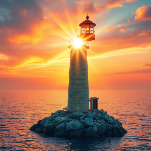 Generate an image of a tall lighthouse perched on a rocky outcrop surrounded by calm ocean waters during a breathtaking sunset. The lighthouse stands sturdy and weathered, its stone surface illuminated by the warm golden light of the setting sun. The sun's rays pass directly through the glass lantern room at the top of the lighthouse, casting a brilliant light across the scene. The sky is painted with vibrant shades of orange, pink, and purple, reflecting off the tranquil sea. The surrounding water shimmers with the same warm hues, creating a serene and majestic atmosphere.