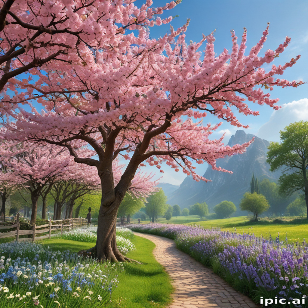 A Serene Spring Landscape with Cherry Blossoms and Vibrant Wildflowers.