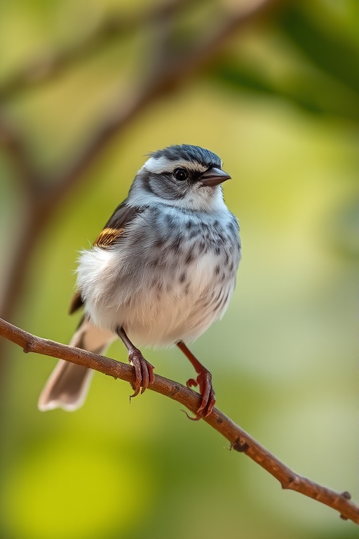 generate a high-resolution image of a white-throated sparrow perched on a branch, shallow depth of field, natural lighting, 50mm lens, f/2.8 aperture, ISO 200, soft bokeh background, captured with a DSLR camera