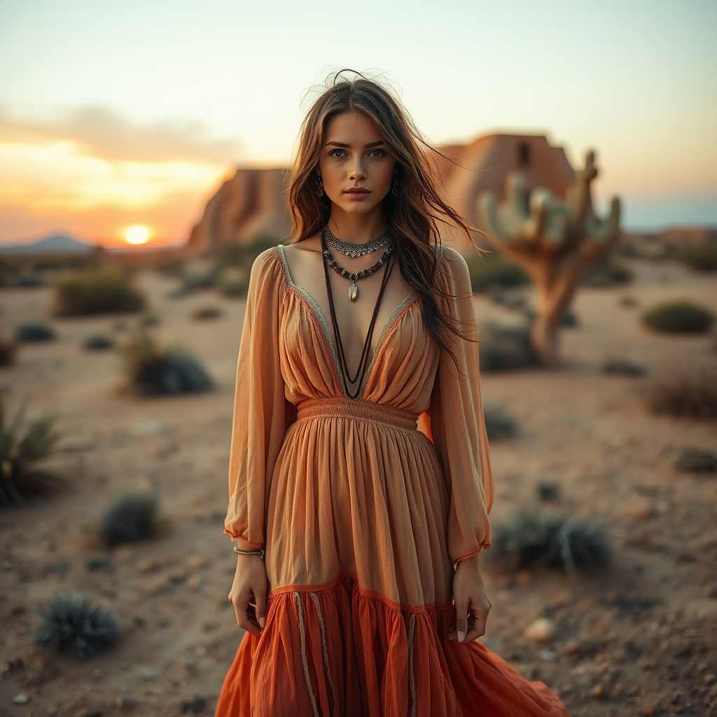 Desert setting, bohemian model, flowy dresses, earthy tones, rustic sunset effect,  equipped with a 12mm lens to capture an overhead view of the model, emphasizing symmetry and spatial positioning