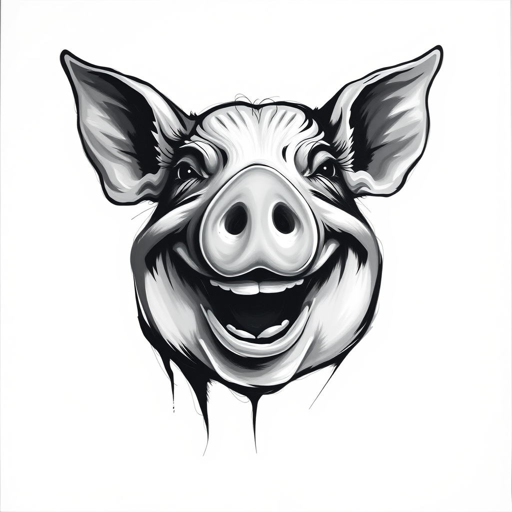 Abstract black and white acrylic portrait of an over exaggerated laughing (pig). Minimalism style. White background.