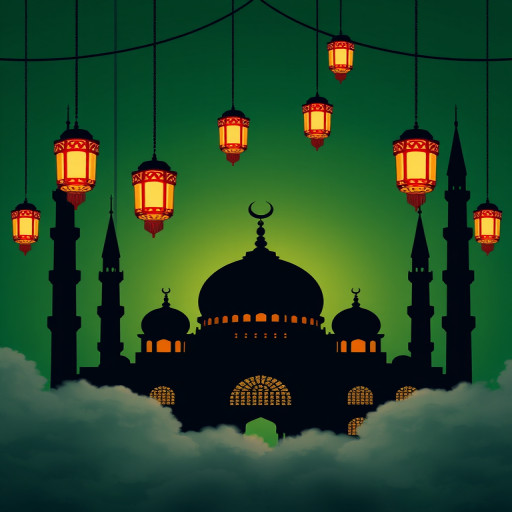 create a digital illustration of a mosque silhouette with decorative lanterns hanging above, using a deep green background and soft clouds in the foreground, camera settings: f/8, ISO 100, shutter speed 1/60, camera view: wide shot, camera style: vibrant colors, camera type: DSLR