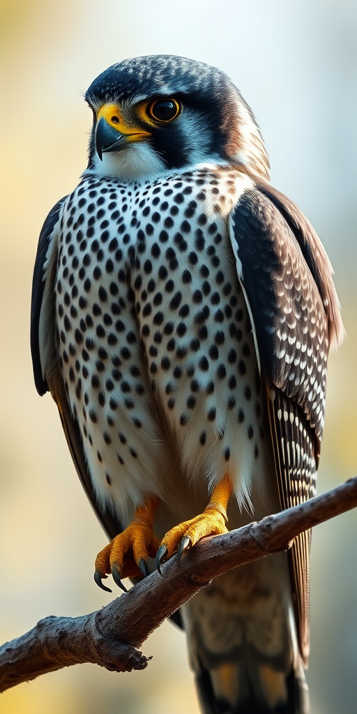 Generate a detailed illustration of a peregrine falcon perched on a branch, using a DSLR camera with a 200mm lens at f/2.8, ISO 100, in natural daylight with soft shadows and a shallow depth of field to emphasize the bird's features and texture.