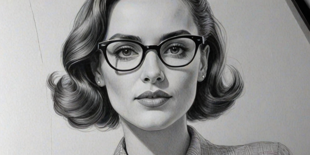 Alluring Melanie Chisholm, pencil sketch, portrait of Appealing woman 1945s in glasses, hair style beatnik, outline, clear lines, fine lines, 8k