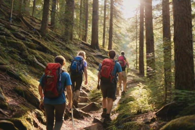 Blurry action shot of a group of friends hiking up a steep trail, soft golden light filtering through the trees, with backpacks and water bottles visible as they ascend.