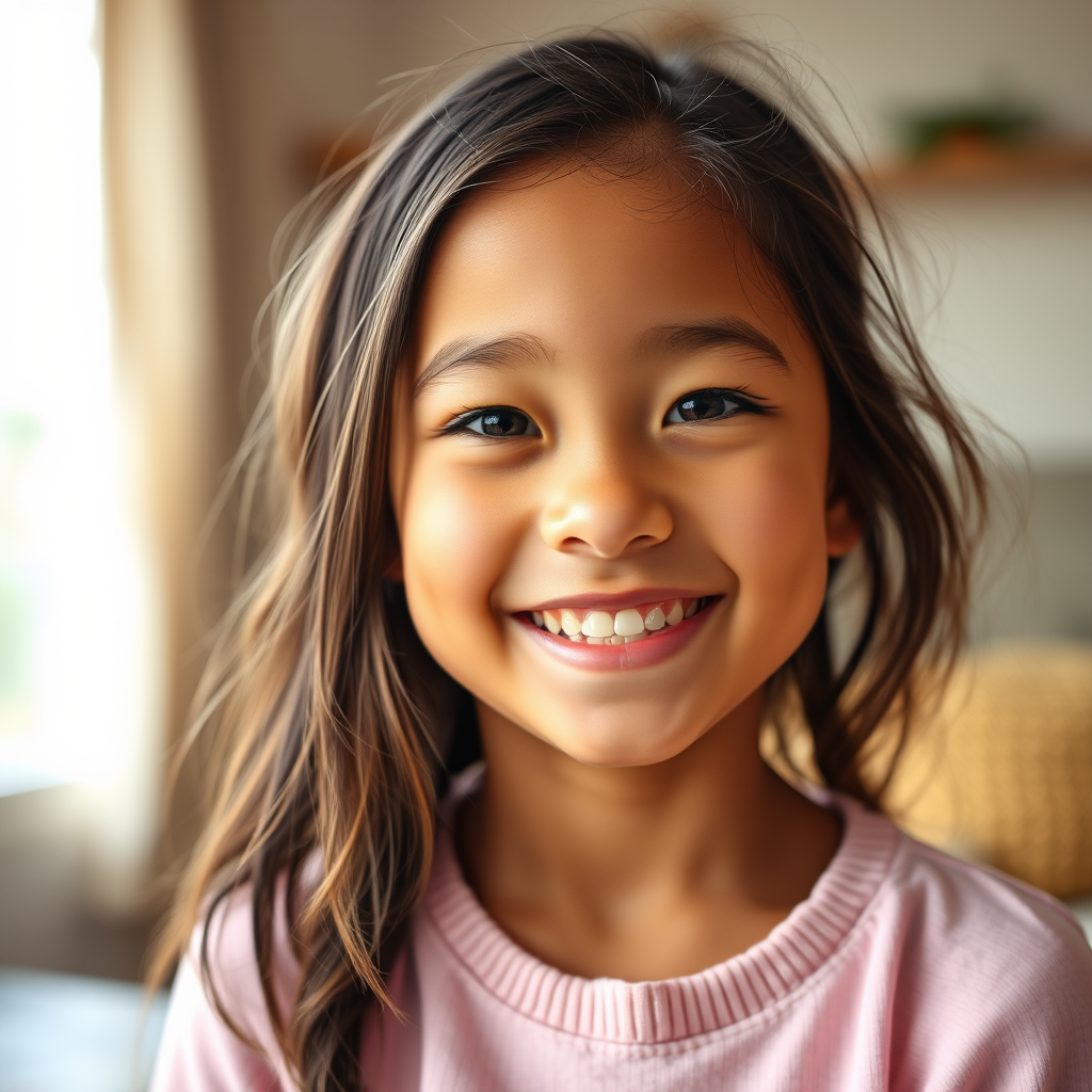 high-resolution portrait of a young girl with a bright smile in a cozy room, soft natural lighting, shallow depth of field, DSLR camera, aperture f/2.8, ISO 200, 50mm lens, focus on the face with a softly blurred background, warm tones