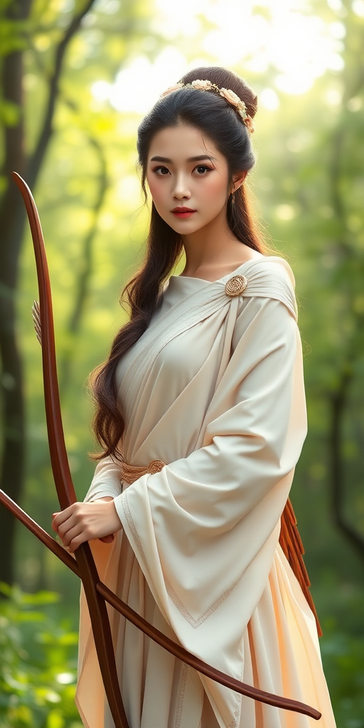 Create a portrait of a goddess-like Chinese girl figure in a tranquil, forested environment. She has an elegant appearance with long, wavy hair styled in an updo and adorned with a delicate, floral headband. She wears a flowing, ancient Greek-inspired gown in a soft, pale color, featuring a one-shoulder design and draped fabric that accentuates her graceful form. The outfit includes a decorative belt with ornate gold detailing, and she holds a bow in her hand, with a quiver of arrows slung over her shoulder. The background depicts lush greenery, with sunlight filtering through the trees, casting a gentle, ethereal light on the scene. Her expression is calm and contemplative, embodying a sense of wisdom and serenity.