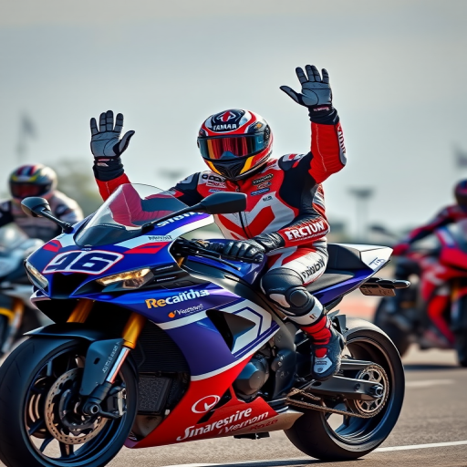 Regenerate an image of a motorcycle racer in full gear waving on a Yamaha bike, using a Canon EOS 5D Mark IV camera, 50mm lens, f/1.8 aperture, ISO 200, shutter speed 1/500s, shot at eye level with a vibrant color scheme and high contrast.