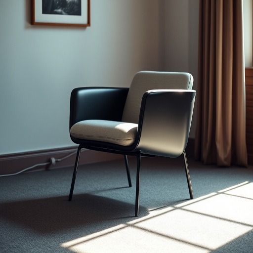 Generate a high-resolution image of a sleek, modern chair in a well-lit room, shot with a Canon EOS R5 at f/2.8, ISO 100, 1/100 sec, from a slightly elevated angle, using a natural light source for enhanced shadows and highlights.